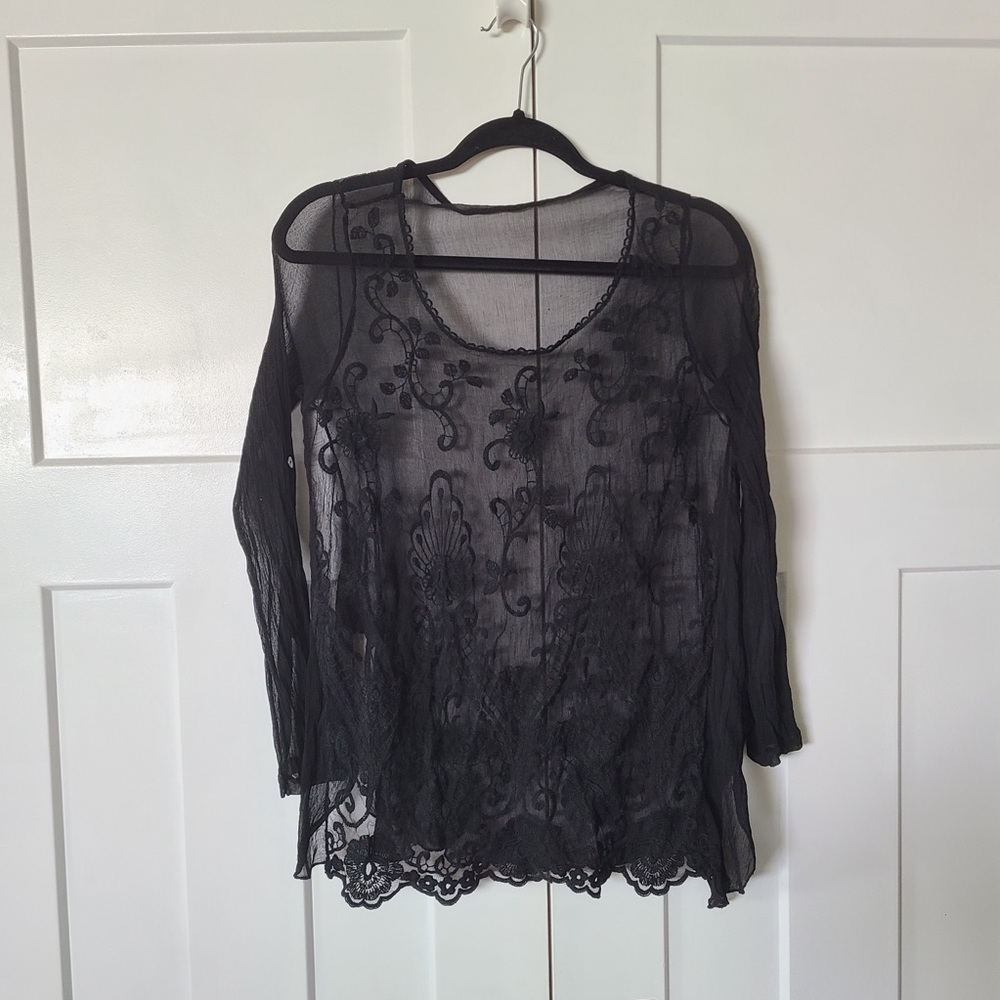 Black Sheer Embroidered Long-Sleeve Top